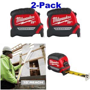 Milwaukee 25 ft Compact Magnetic Tape Measure 15 ft. Reach 2-Pack